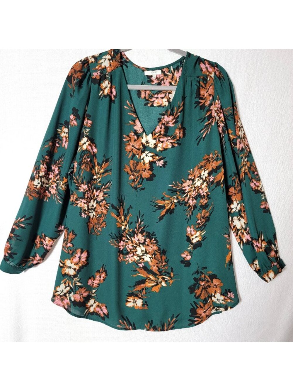 Maurices Tunic Top Womens 1X Pull Over Long Sleeve V Neck Green & Orange Floral
